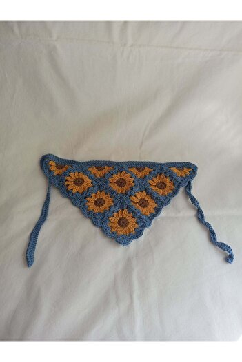 Kahvemavii Ayçiçek Motifli Mavi Örgü Bandana