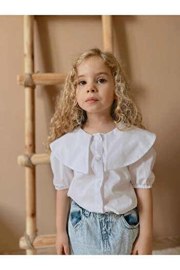 Magu Short Sleeve Cotton Poplin Girl's Shirt - Collar Detail