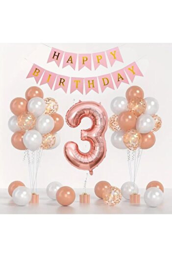 Konsept Sepeti 3 Year Old Rosegold Balloon Set - Happy Birthday Banner with White Confetti (WITH BALLON BAND GIFT)