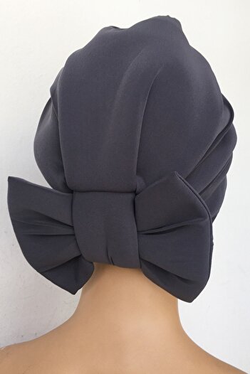 Vera Bone Mihrace Ready Turban Dark Gray Cross Banded Lined Padded Bow Reversible Hijab Bonnet
