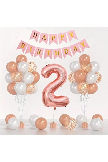 Konsept Sepeti 2 Year Old Rosegold Balloon Set - White, Happy Birthday Banner with Confetti (WITH BALLON BAND GIFT)