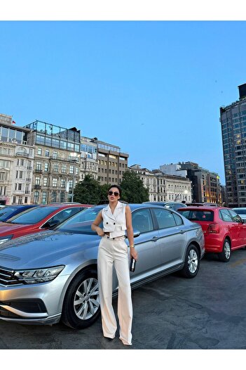 Bella Breeze Kadın Düğmeli Yelek Pantolon Kare Yaka Takım
