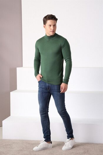 Ferraro Men's Green Half Turtleneck Cotton Sweater