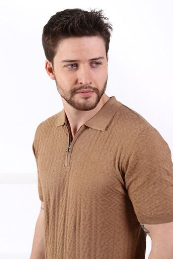Ferraro Camel Polo Collar Zippered 100% Cotton Men's Knitwear T-shirt