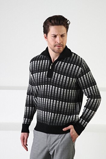 Ferraro Black Zippered Stand Collar 100% Lamb Wool Men's Sweater