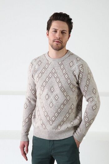 Ferraro A.beige Square Patterned Crew Neck 100% Lamb Wool Men's Sweater