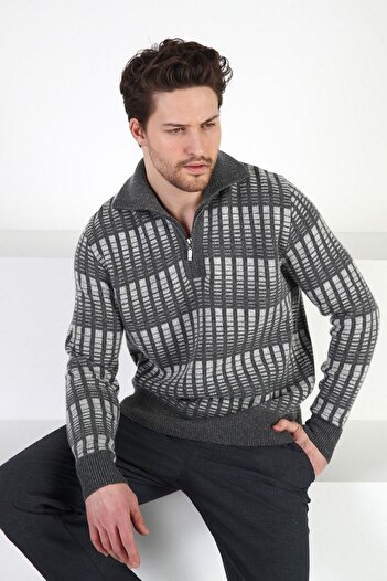 Ferraro Smoked Zippered Stand Collar 100% Lamb Wool Men's Sweater