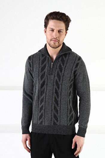 Ferraro Smoked Knitted Patterned Stand Collar 100% Lamb Wool Men's Sweater