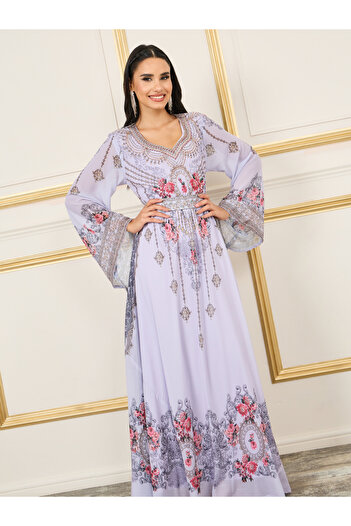 Maxim Creation By Styli Handwork Rhinestone Detail Digital Print Belted Jalabiya