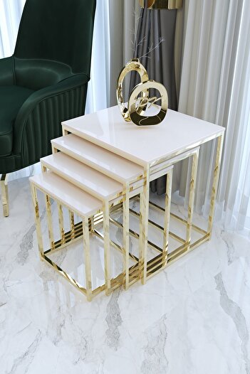 Puklife Duru 4'lü Kare Zigon Sehpa Seti Gold Ayak, Krem Mdf