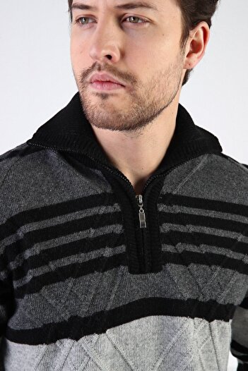 Ferraro Black Zippered Stand Collar 100% Lamb Wool Men's Sweater