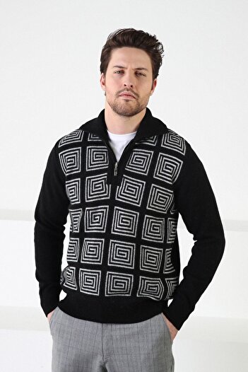 Ferraro Black Square Patterned Stand Collar 100% Lamb Wool Men's Sweater