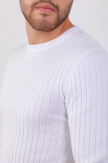 Ferraro White Crew Neck Ribbed Men's Cotton Sweater
