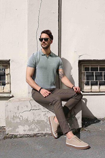 Ferraro Green/ecru Eyelet Patterned Polo Collar 100% Cotton Men's Knitwear T-shirt