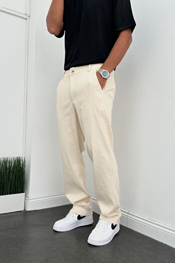 Denim Shorty Baggy Krem Örme Kumaş Pantolon
