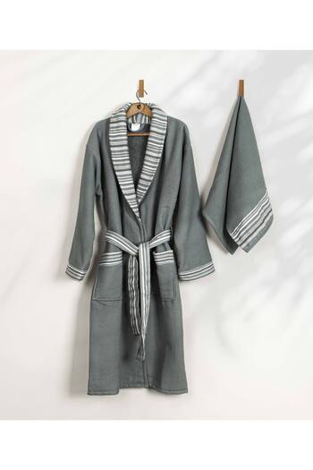 Koza Home Green Cotton Limira Set of 2 - 1 Bathrobe, L-XL, 1 Dowry Towel, 50x90cm