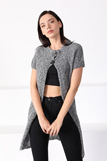 Ferraro Women's Gray Round Neck Long Knitwear Cardigan