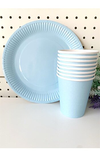 Partifabrik Mavi Renk Makaron Pastel Karton Tabak Bardak Set 8 Li