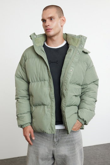 Trendyol Collection Khaki Men's Puffer Jacket - Oversize Fit, Hooded, Winter Taslan Tmnaw25Mo00005