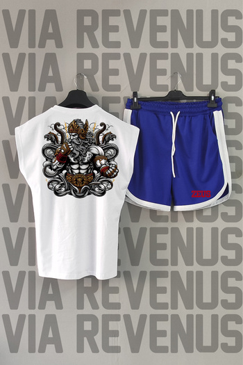 Vordevia Zeus Crew Neck White T-Shirt and Blue Sports Shorts Set - Zero Sleeve, Back Printed