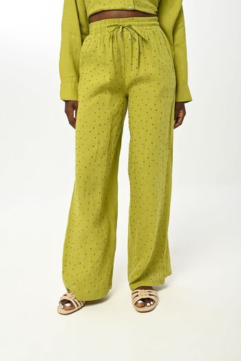 Orfeo Negro Stone Embroidered and Wide Leg Linen Women's Trousers - Elastic Waist