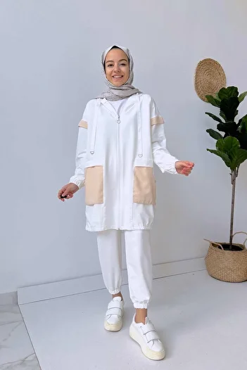 Ka Hijab Λεπτομερές σετ κοστουμιού λευκής τσέπης
