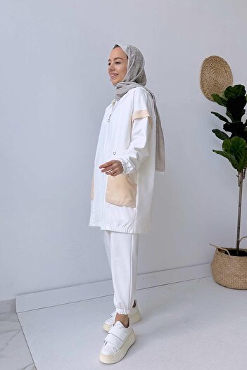 Ka Hijab Λεπτομερές σετ κοστουμιού λευκής τσέπης