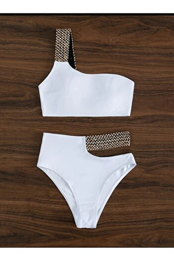 sayina Women's White Glitter One-Shoulder Ribbon Embroidery Elastic Detailed High Waist Lined Stylish Bikini Set