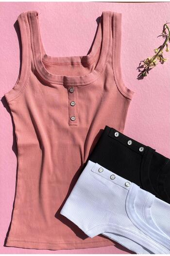 VicTroy 3 Pieces Button Detailed Camisole Lillesol Tank Top - Black, White and Dried Rose Colors 64v63