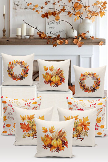 Bertille Home Autumn Series - Double Sided Digital Printed 8-Piece Throw Pillow Set (Halloween)