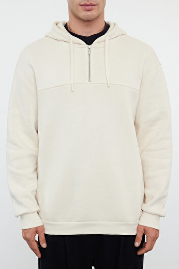 Trendyol Collection Μπεζ Φούτερ OverSize - Fleece Ζεστό με φερμουάρ και λεπτομέρεια ραφής TMNAW25SW00000