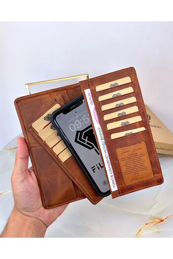 Fil Deri 2027 Model Hazelnut Colored Genuine Leather Wallet - Phone Compartment, Card Holder