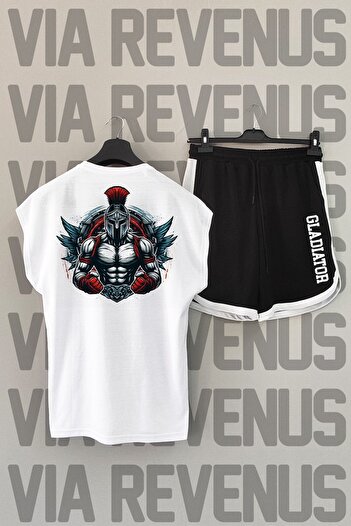 Vordevia Gladiator White Sports T-Shirt and Black Sports Shorts Set - Back Print, Zero Sleeve