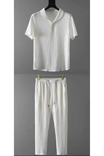 Elvino Unisex White/Black Wrapped Crinkle Summer Lycra Short Sleeve T-shirt and Sweatpants Set