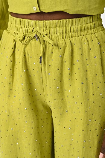 Orfeo Negro Stone Embroidered 100% Linen Women's Trousers - Wide Leg and Elastic Waist
