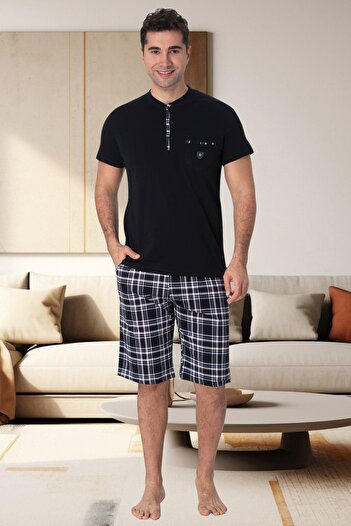 CT MODA Plus Size Navy Blue καρό 100% βαμβακερό ανδρικό καλοκαιρινό σετ πιτζάμες - Σετ με σορτς