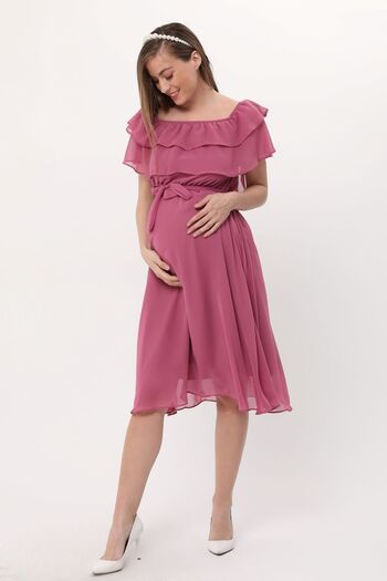 Azra Style Women's Maternity Ruffle Collar Chiffon Belted Dress Dry Rose 7000