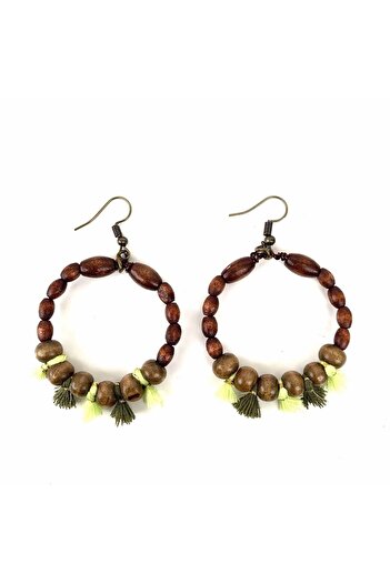 LeylanTakı Women's Wooden Bohemian Tasseled Hoop Brown Handmade Earrings