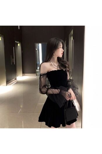 Köstebek Gothic Sleeves Tulle Detail Mini Black Dress