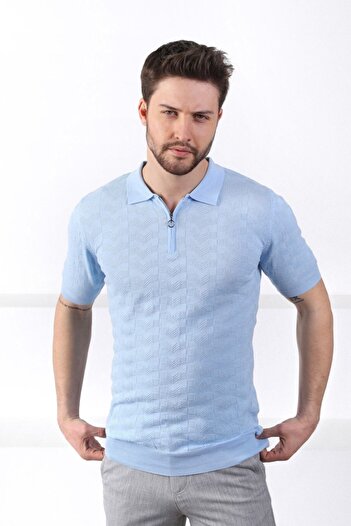 Ferraro Blue Polo Collar Zippered 100% Cotton Men's Knitwear T-shirt
