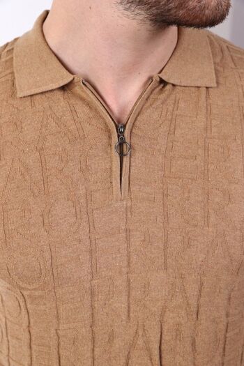 Ferraro Camel Polo Collar Zippered 100% Cotton Men's Knitwear T-shirt