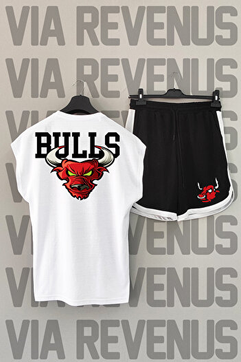 Vordevia Bulls Crew Neck White and Black Sports T-shirt and Shorts Set - Back Print, Zero Sleeve