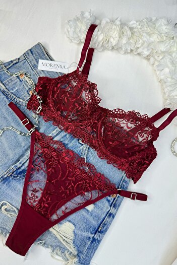 Morensa Set sutien și lenjerie intima cu modele florale de Burgundia