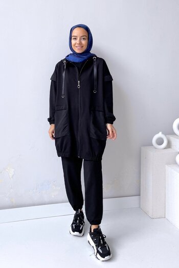 Ka Hijab Black Pocket Detailed Suit Set