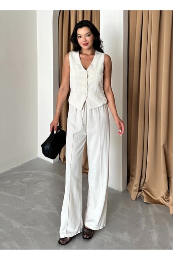 Laluvia 100% Cotton Linen Vest and Trousers Set - Natural Lavin