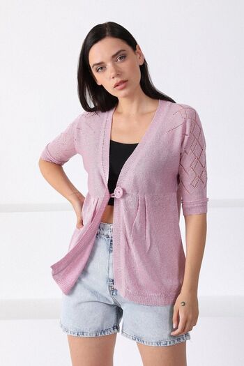 Ferraro Women's Pink V-Neck Waist-Tied Knitwear Cardigan