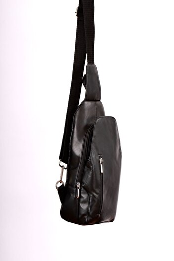 CüzCan Unisex Siyah Hakiki Deri Çapraz Badybag Omuz ve Göğüs Çantası (USB Çıkışlı)