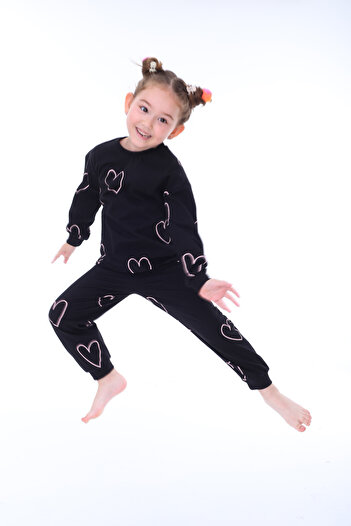 ZUZUNGA Kalp Desenli Siyah Kız Çocuk Pijama Takımı