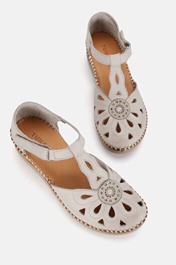 TUNAELLİ Mink Color Women's Leather Sandals - Size 35-41-42 Strapped, Flat Wedge Heels, Side Open