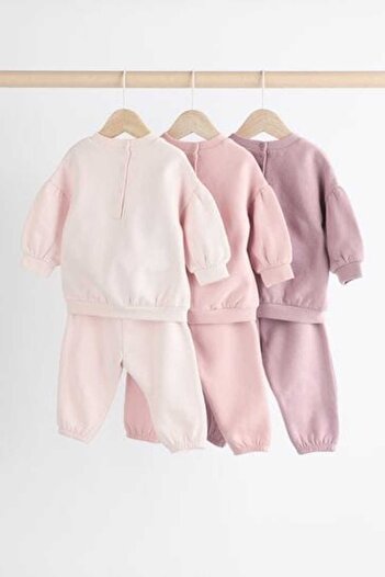Next Baby Pink Cream 3-Piece Jogger Set - Long Sleeve, Cotton Ribbon